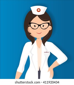  Vector illustration of cheerful nurse. Nurse at work.