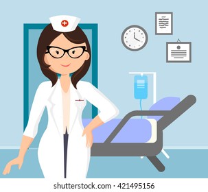 Vector illustration of cheerful nurse. Nurse at work