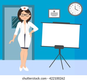 Vector illustration of cheerful nurse. Nurse at work
