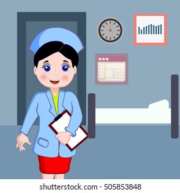 Vector illustration of cheerful nurse. Nurse at work.