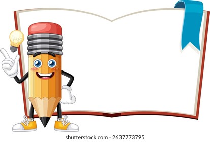 Vector illustration of a cheerful pencil character holding a light bulb beside an open book with a blue bookmark