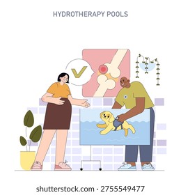 Vector illustration of a cheerful pet therapy session in a hydrotherapy pool. Depicts a dog being guided in water by a therapist with a supportive onlooker. Emphasizes joint health benefits.