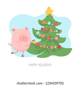 Vector illustration of a cheerful pig decorating christmas tree with balls and toys on bright blue background. Flat character of a piggy for Chinese New Year or Christmas card and poster design.