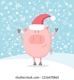 Vector illustration of a cheerful pig in a red Santa hat on bright blue background with snow and doodle snowflakes. Flat character of a piggy for Chinese New Year or Christmas card and poster design.