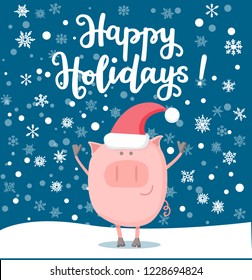 Vector illustration of a cheerful pig in a red Santa hat on a dark blue background with snow and doodle snowflakes. Flat character of a piggy for Chinese New Year or Christmas card and poster design.