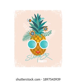 Vector illustration of a cheerful pineapple with glasses.Typography for printing T-shirts, vector illustration.
