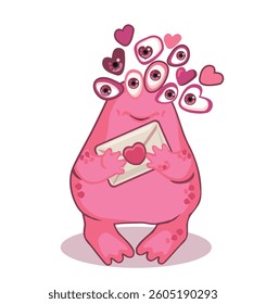 Vector illustration of a cheerful pink Love Monster with a Valentine’s letter. Great for holiday cards, stickers, prints, and themed decorations.