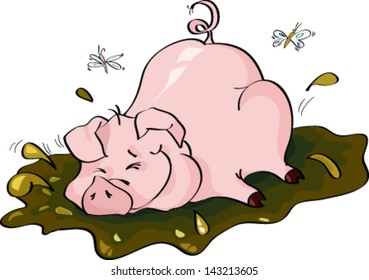 Vector illustration. Cheerful pink pig with blue balloon