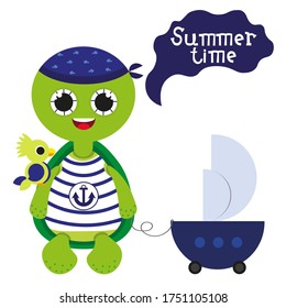 Vector illustration of a cheerful pirate turtle with a parrot. Summer turtle sailor and his boat