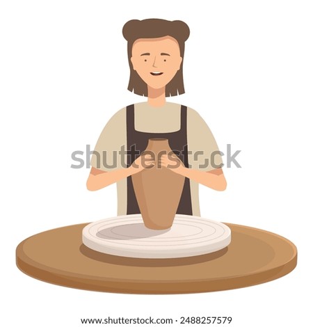 Vector illustration of a cheerful potter creating a vase on a pottery wheel