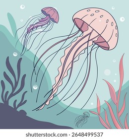A vector illustration of a cheerful rainbow jellyfish with glowing tentacles, floating in a neon sea.