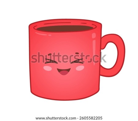 Vector illustration of a cheerful red coffee mug with a happy kawaii face