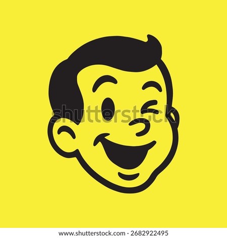 vector illustration of a cheerful retro boy face winking and smiling, designed in vintage cartoon mascot style on a bright yellow background