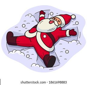 Vector illustration of a cheerful Santa Claus lying in the snow and making a snow angel. Bright stylized illustration for use as a sticker or design element.