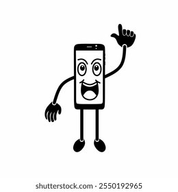 Vector illustration of a cheerful smartphone cartoon character with a cheerful expression and a raised thumb. Perfect for concepts related to technology, communication and positivity.