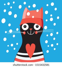 Vector illustration of a cheerful smile New Year cat on a blue background with snow
