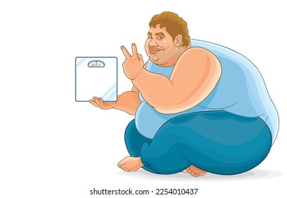Vector illustration of cheerful smiling fat man confidently showing victory sign while holding scales weight measure,sit comfortably on floor,isolated on white,Health problems,Obesity,Weight loss.