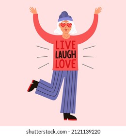 Vector illustration with cheerful smiling old woman and lettering words. Live, laugh, love. Colored inspirational typography poster with grandmother , apparel print design