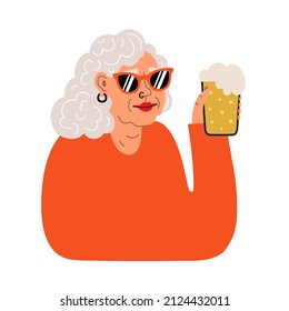 Vector Illustration With Cheerful Smiling Old Woman And Beer Glass.  Colored Inspirational Typography Poster With Grandmother, Apparel Print, Greeting Card Design