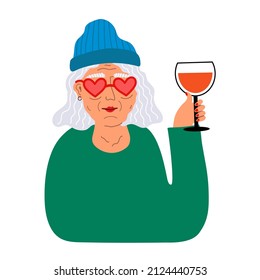 Vektorgrafik mit fröhlicher, lächelnder alter Frau mit grauem Haar und Glas Rotwein. Farbiges inspirierendes Typografie-Poster mit Großmutter, Bekleidungsausdruck, Grußkartendesign