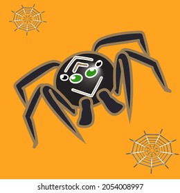vector illustration of cheerful spider and cobweb on orange background