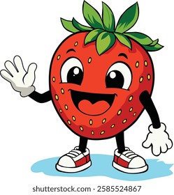 A vector illustration of a cheerful strawberry cartoon character waving with a friendly smile. This adorable design is perfect for children's books, educational materials, and fun projects. 