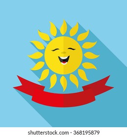 Vector illustration. Cheerful sun and red ribbon on blue background