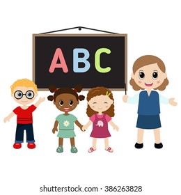 Vector illustration of a cheerful teacher with school kids