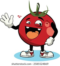 A vector illustration of a cheerful tomato cartoon character waving with a friendly smile. This adorable design is perfect for children's books, educational materials, and fun projects.