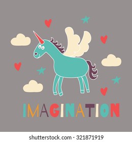 Vector illustration with a cheerful unicorn. Space for text. Imagination and fantasy.