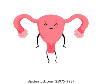 Vector illustration of a cheerful uterus character with arms raised, depicted in a friendly cartoon style on a white background.