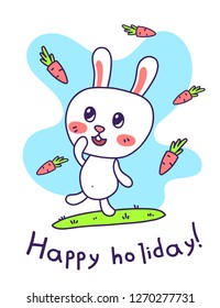 Vector illustration of a cheerful white rabbit is standing on grass among flying carrot. Line art style design with text for web, site, greeting card, invitation, banner