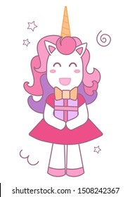 Vector illustration of a cheerful white unicorn with a gift.