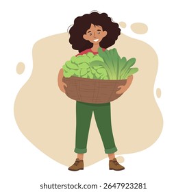 Vector illustration of a cheerful woman holding a large basket filled with fresh leafy greens demonstrating the joy of harvesting and healthy living. Perfect for organic food themes.