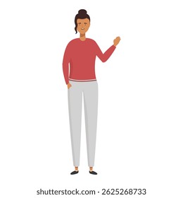 Vector illustration of a cheerful woman standing and gesturing with her hand, isolated on white