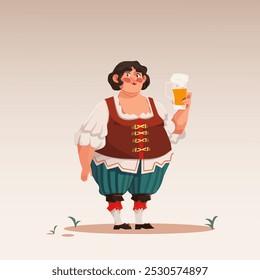 Ilustração vetorial. Mulher alegre no vestido tradicional segura caneca de cerveja espumosa com sorriso contente. Estilo de arte dos desenhos animados. Conceito de comida e bebida, tradições, Oktoberfest, celebração.