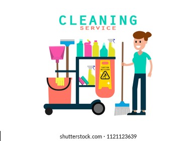 Vector illustration of cheerful worker on promotion of cleaning service with washing station isolated on white. Eps illustration. Cleaning washing seasonal cleansing services company concept.