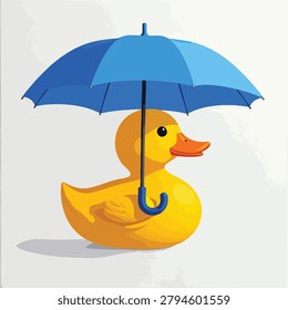 A vector illustration of a cheerful yellow rubber duck toy protected by a simple blue umbrella isolated on a plain background