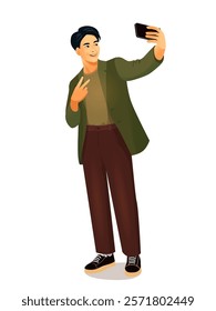 Vector illustration of a cheerful young Asian man posing for a selfie with his smartphone. Dressed in casual yet stylish attire, he makes a peace sign gesture while smiling confidently. The minimalist