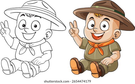 Vector illustration of a cheerful young boy scout sitting cross-legged, wearing uniform and hat, with one hand showing a peace sign. Flat, cartoon style