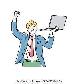 A vector illustration of a cheerful young businessman in a suit and tie, raising his fist in celebration while holding a laptop in his other hand.