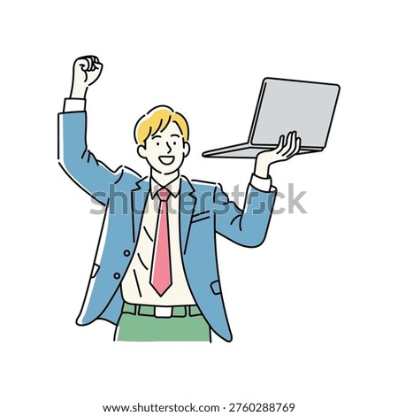 A vector illustration of a cheerful young businessman in a suit and tie, raising his fist in celebration while holding a laptop in his other hand.