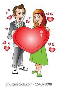 Imagen vectorial de una alegre pareja joven con símbolo de forma de corazón rojo.