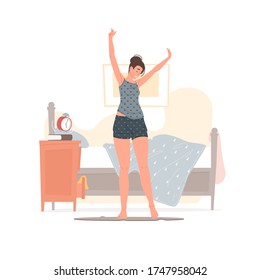 Vector illustration of cheerful young female in pajama raising arms and stretching body while standing near bed and cabinet with ringing alarm clock in morning at home. Flat style cartoon character