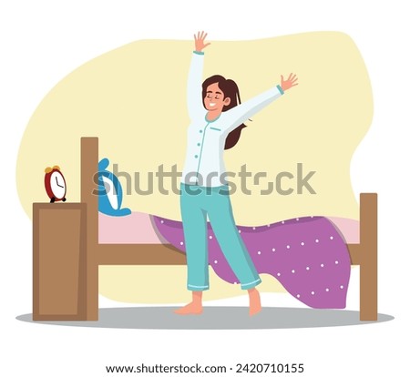 Vector illustration of cheerful young female in pajama raising arms and stretching body while standing near bed and cabinet with ringing alarm clock in morning at home. Flat style cartoon character