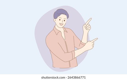 Vector illustration of a cheerful young man smiling and pointing both index fingers upwards and to the side. Friendly, expressive cartoon-style character with casual outfit and wristwatch. Perfect for