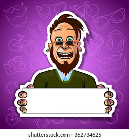Vector illustration of cheerful young man holding blank poster in his hands. Gradient background with the images of hipster accessories. Made in comic cartoon style.