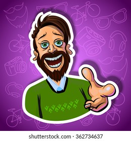 Vector illustration of cheerful young man pointing with his index finger at the camera. Gradient background with the images of hipster accessories. Made in comic cartoon style.