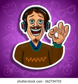 Vector illustration of cheerful young man listening to music and showing OK gesture. Gradient background with the images of hipster accessories. Made in comic cartoon style.