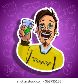 Vector illustration of cheerful young man holding a glass in his hand. Gradient background with the images of hipster accessories. Made in comic cartoon style.
